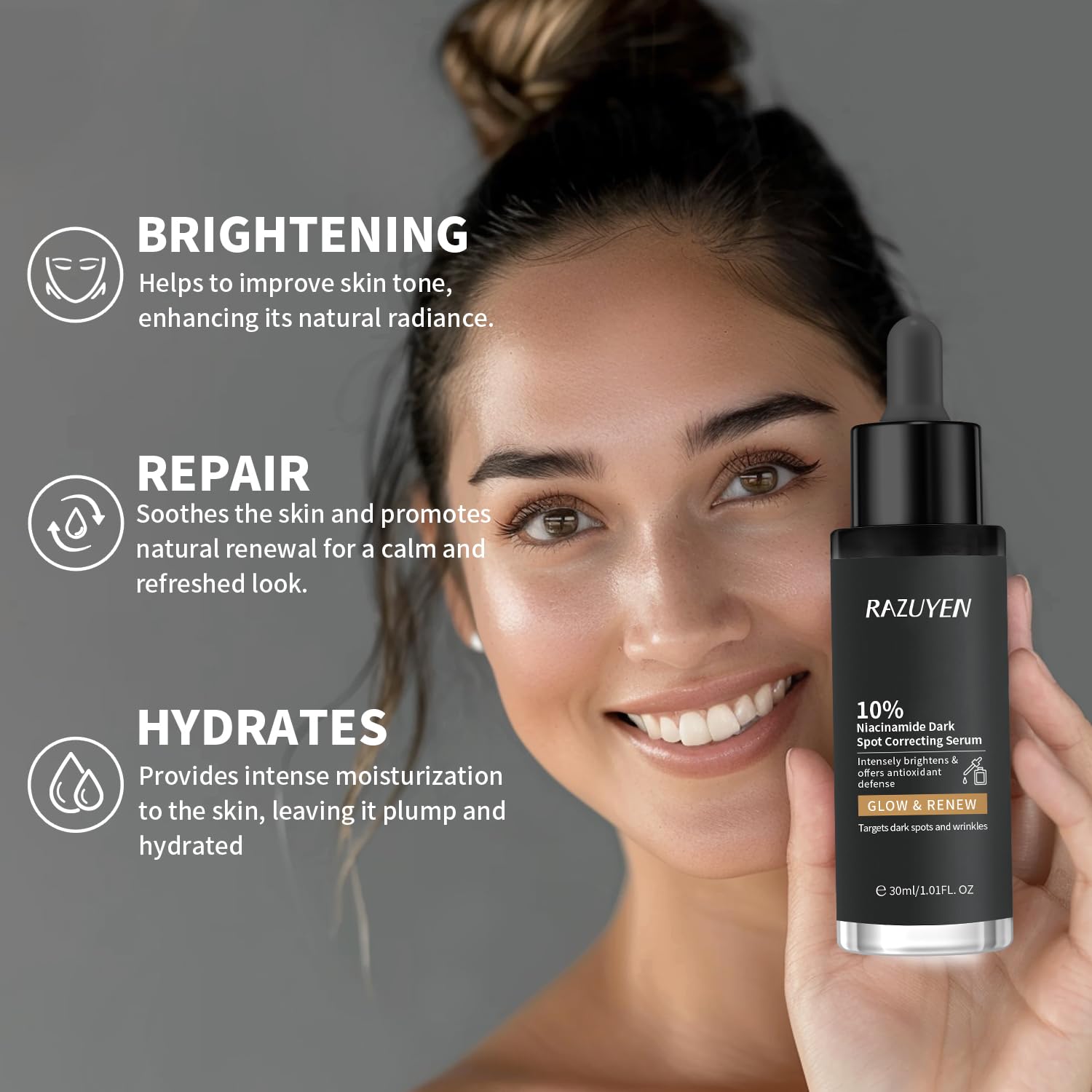 RAZUYEN 10% Niacinamide Serum, Panthenol, Arbutin Face Serum to Help Improve Uneven Skin Tone and Soothing Skin, Hydrating Serum for Radiant Skin, 30 ml